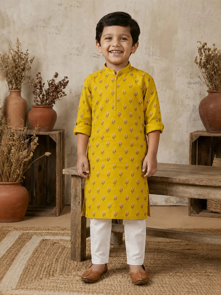 Mustard floral print kurta with white pajama for boys