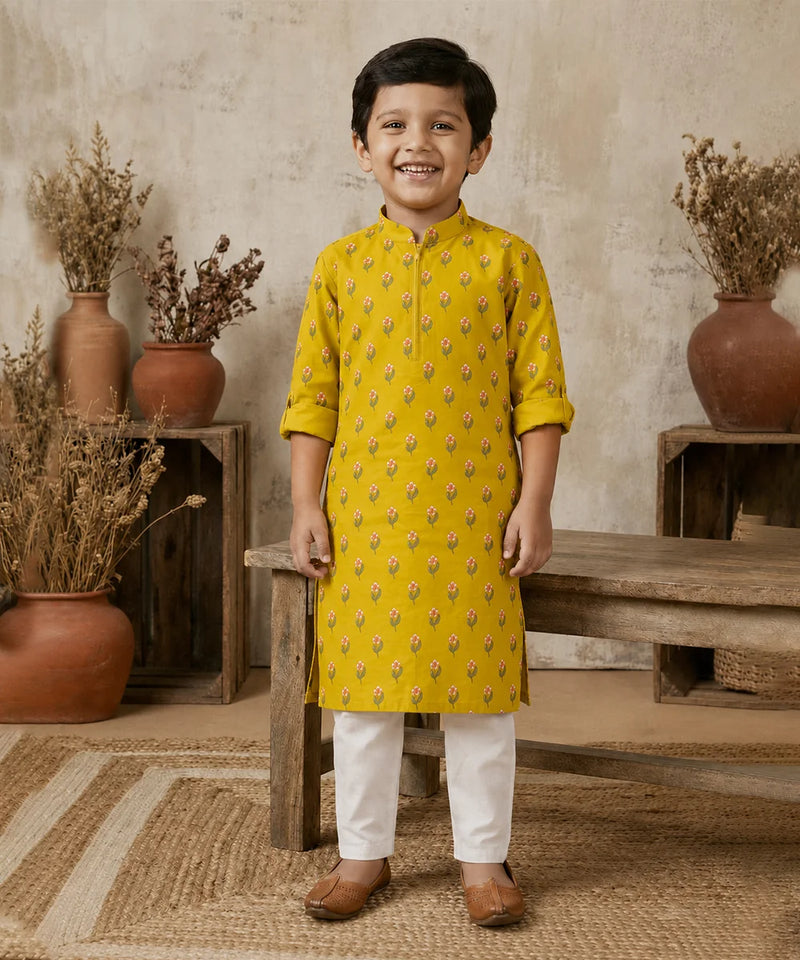 Mustard floral print kurta with white pajama for boys