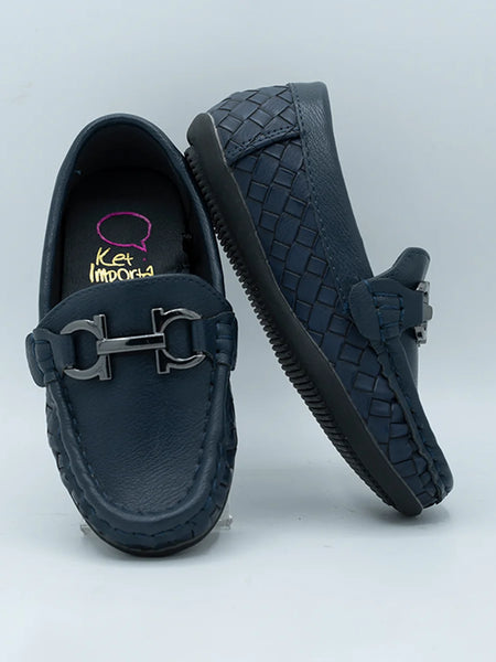 Kids' navy blue basket-weave loafers with metal horsebit buckle, Jaipur