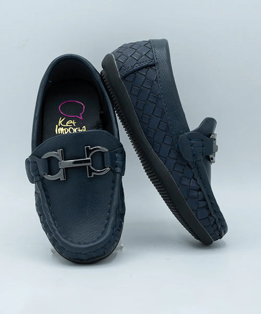 Kids' navy blue basket-weave loafers with metal horsebit buckle, Jaipur