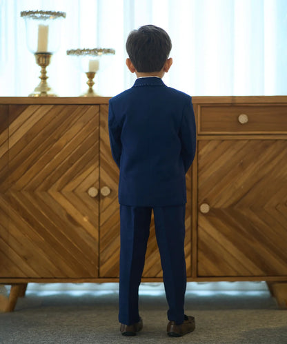 Navy pin-tucks shirt boys suit with red pocket square Jaipur