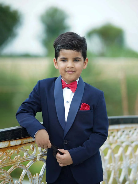 Classic navy coat pant for boys with red bow and pocket square Jaipur
