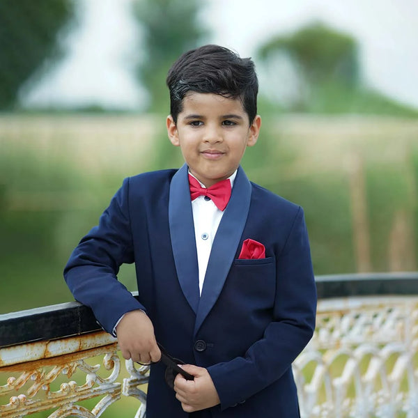 Classic navy coat pant for boys with red bow and pocket square Jaipur