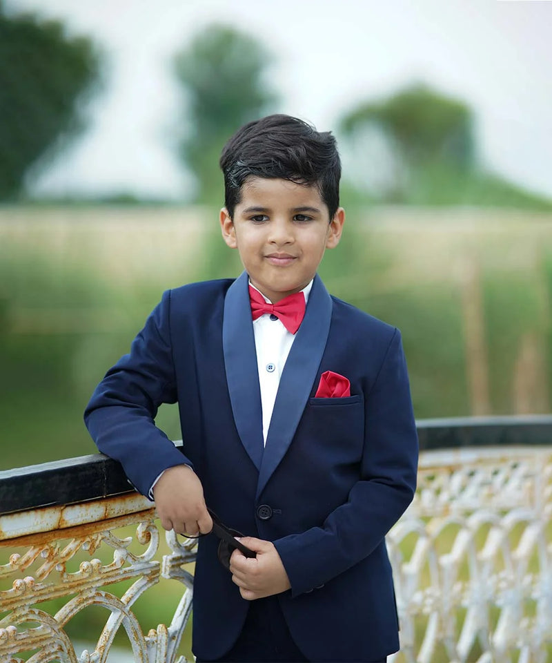 Classic navy coat pant for boys with red bow and pocket square Jaipur