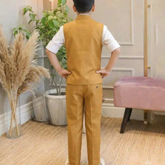 Mustard Colored Waist Coat Set with White Printed Shirt for Boys | Jaipur