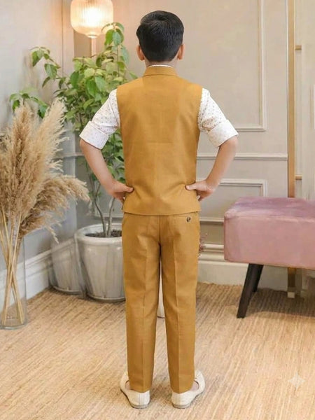 Mustard Colored Waist Coat Set with White Printed Shirt for Boys | Jaipur