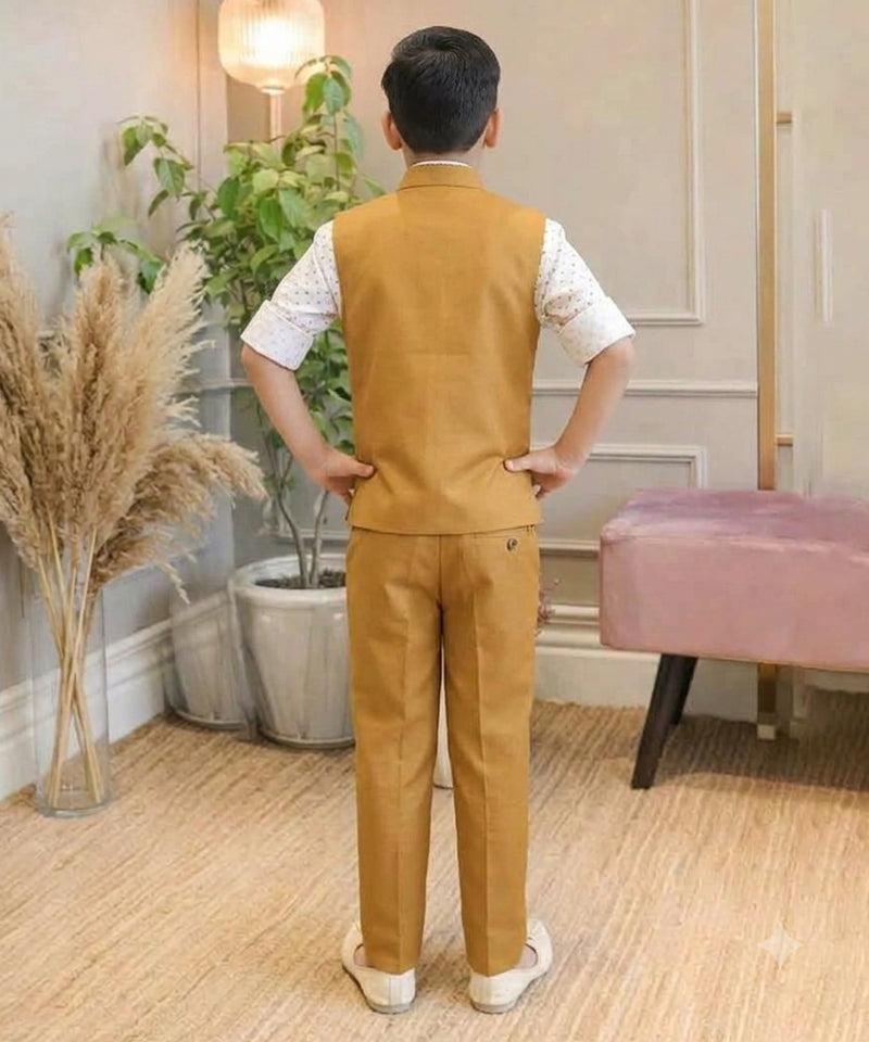 Mustard Colored Waist Coat Set with White Printed Shirt for Boys | Jaipur