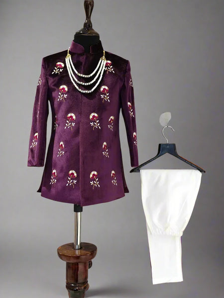 Premium velvet kids achkan sherwani, embroidered, matching moti mala, Jaipur shop