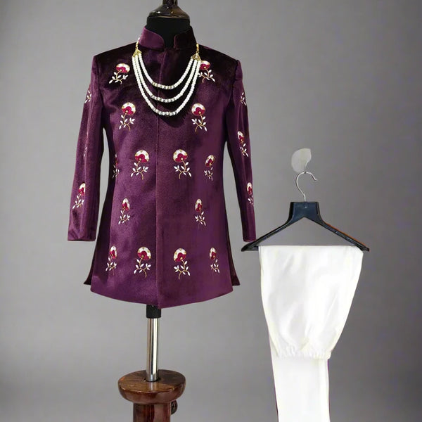 Premium velvet kids achkan sherwani, embroidered, matching moti mala, Jaipur shop