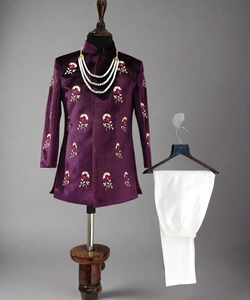 Premium velvet kids achkan sherwani, embroidered, matching moti mala, Jaipur shop
