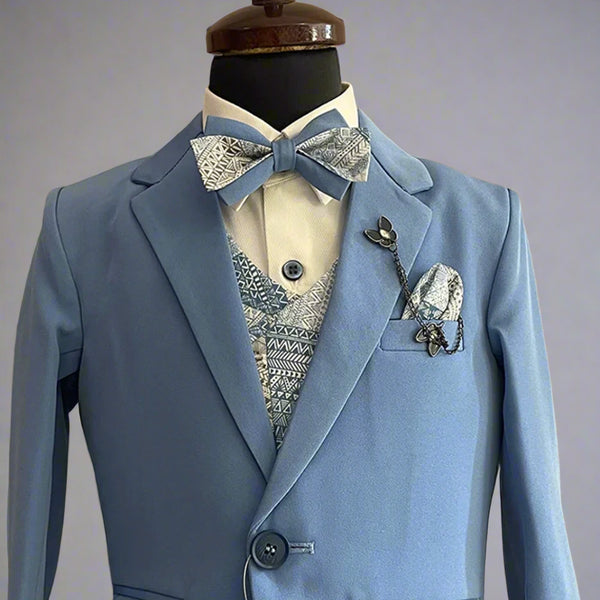 wedding wear coat suit set for boys with printed waist coat & bow paired with a brooch 
