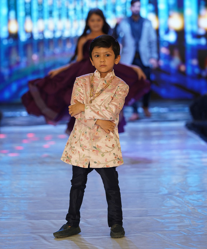 Self-embroidered party sherwani, kids wear, peach color suit Jaipur