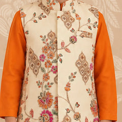 Boys' orange kurta pyjama and cream printed jacket set for puja, Devils N Angels Jaipur, view 2