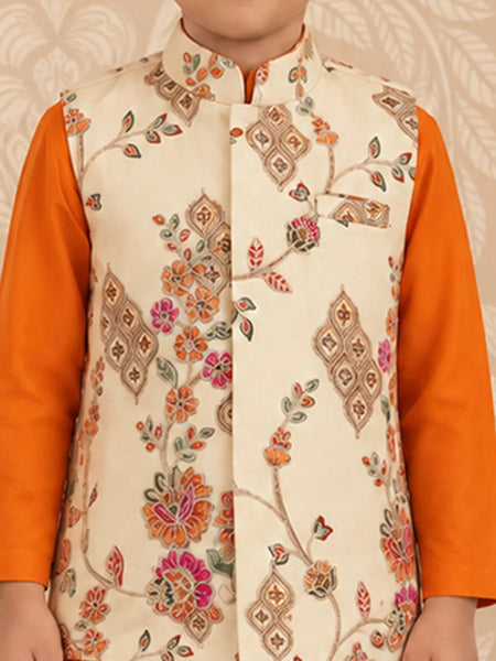 Boys' orange kurta pyjama and cream printed jacket set for puja, Devils N Angels Jaipur, view 2