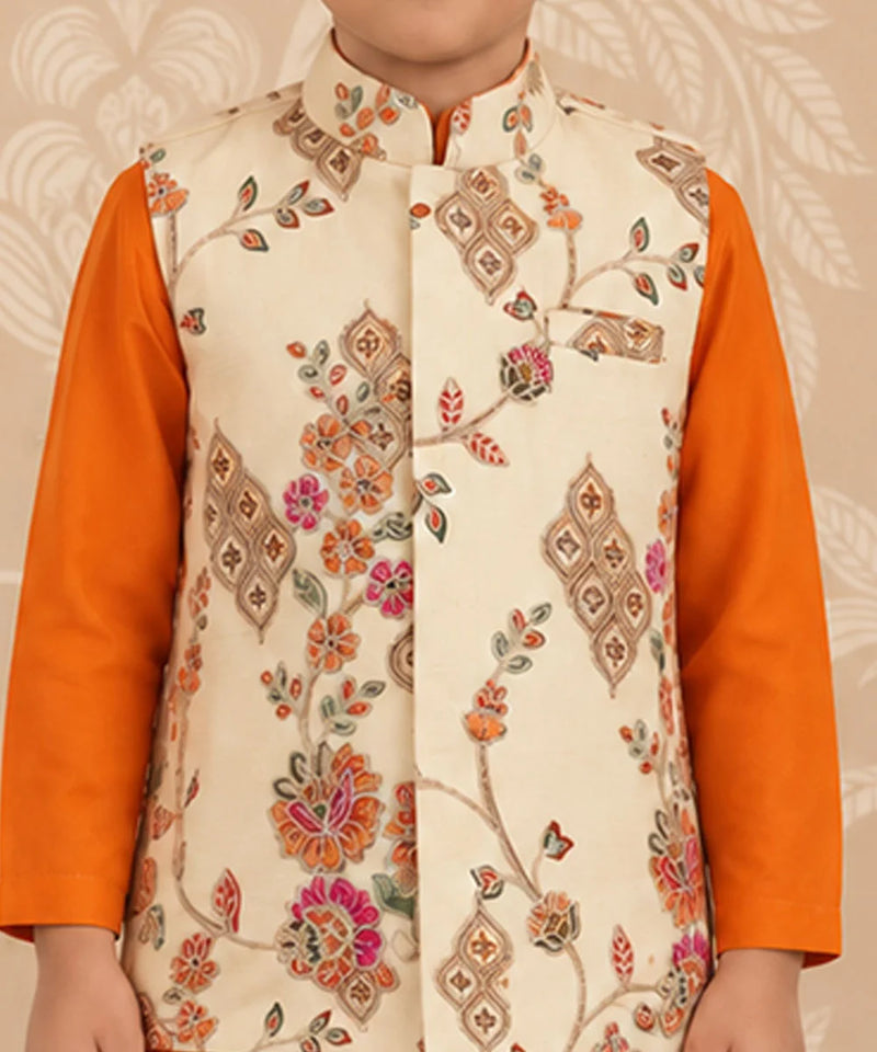Boys' orange kurta pyjama and cream printed jacket set for puja, Devils N Angels Jaipur, view 2
