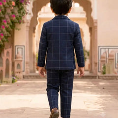 Boys Navy Blue Checkered Formal Blazer Suit | Jaipur