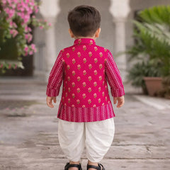 Jaipur Floral Boys Rani Pink Kurta Pyjama Set with Dhoti – Cotton Festive Kids Outfit