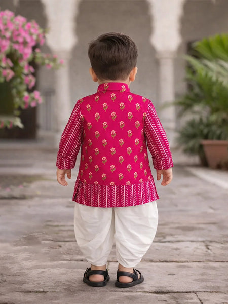 Jaipur Floral Boys Rani Pink Kurta Pyjama Set with Dhoti – Cotton Festive Kids Outfit