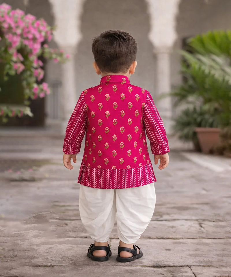 Jaipur Floral Boys Rani Pink Kurta Pyjama Set with Dhoti – Cotton Festive Kids Outfit