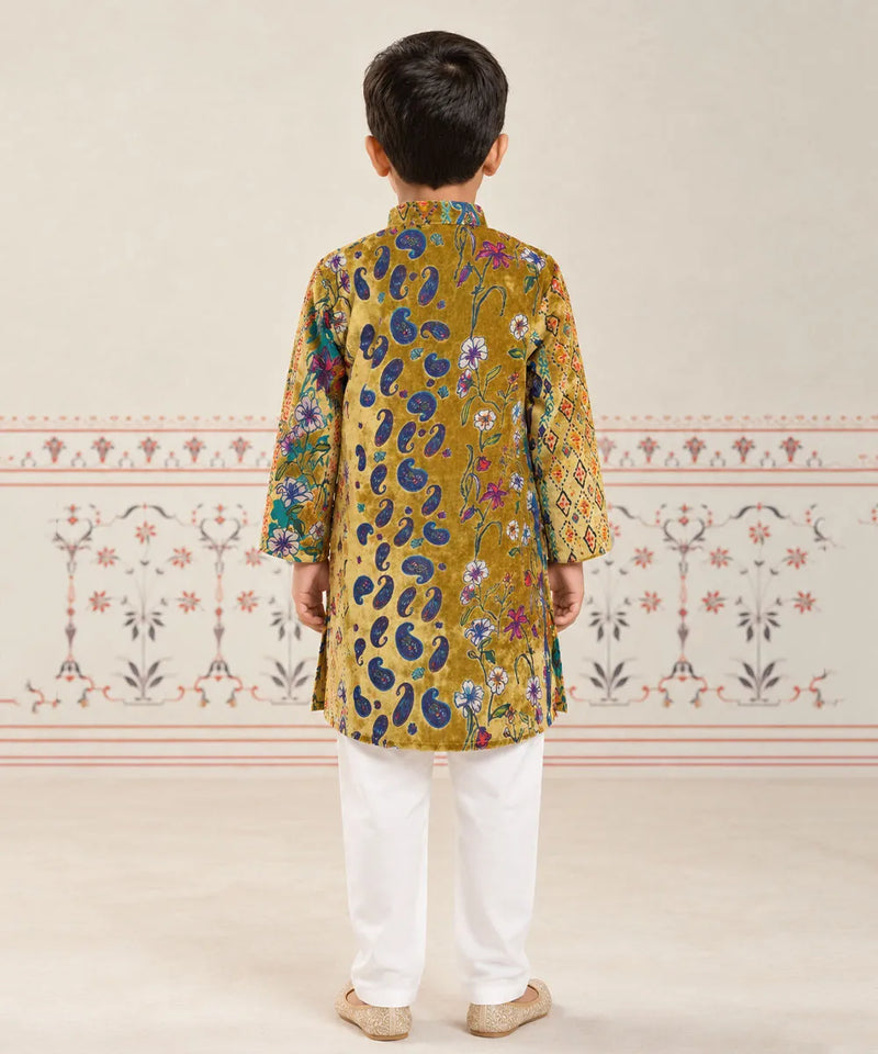 Boys' velvet flock print party wear kurta pyjama set, Devils N Angels Jaipur, view 3