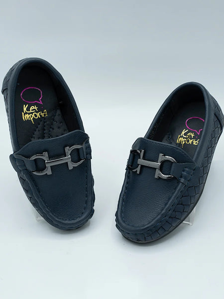 Boys' premium navy slip-on loafers featuring woven texture and designer buckle, Jaipur