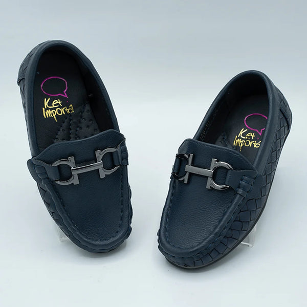 Boys' premium navy slip-on loafers featuring woven texture and designer buckle, Jaipur