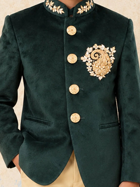 Boys' green velvet Jodhpuri suit, premium wedding wear, Devils N Angels Jaipur, view 2