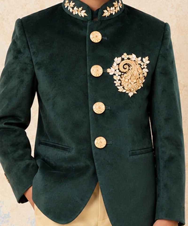 Boys' green velvet Jodhpuri suit, premium wedding wear, Devils N Angels Jaipur, view 2