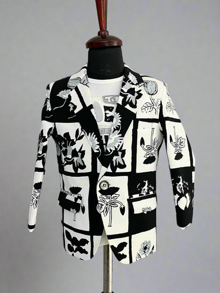 Black and White Colored Self-Printed Blazer Set for Boys