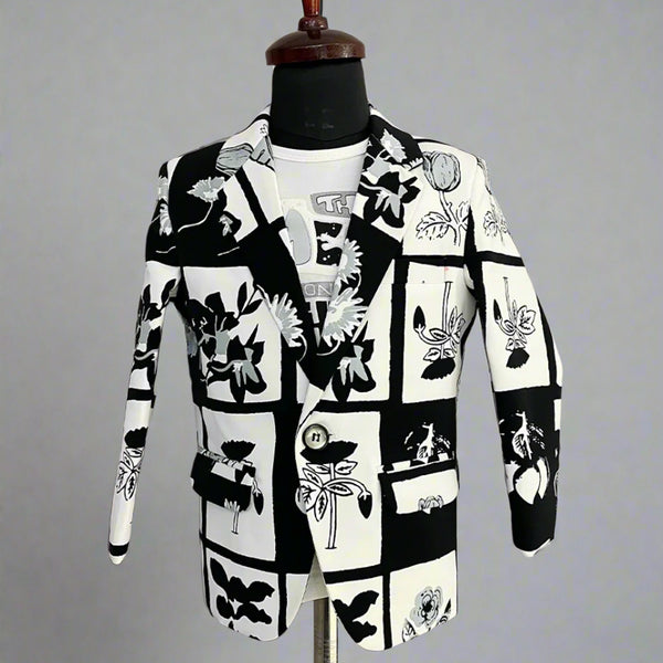 Black and White Colored Self-Printed Blazer Set for Boys