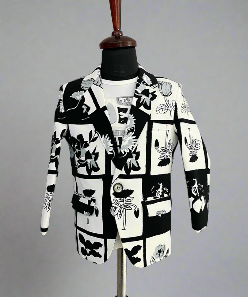 Black and White Colored Self-Printed Blazer Set for Boys