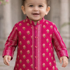 Jaipur Floral Boys Rani Pink Kurta Pyjama Set with Dhoti – Cotton Festive Kids Outfit