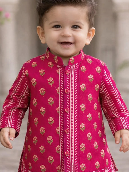 Jaipur Floral Boys Rani Pink Kurta Pyjama Set with Dhoti – Cotton Festive Kids Outfit