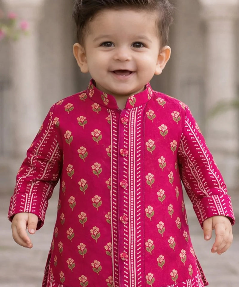 Jaipur Floral Boys Rani Pink Kurta Pyjama Set with Dhoti – Cotton Festive Kids Outfit