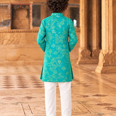 Boys' sea green kurta with gold sequin work and bandhej motifs, Devils N Angels Jaipur, view 3