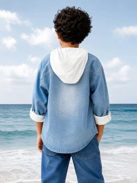 Boys Blue Denim Hoodife Shirt For Wedding