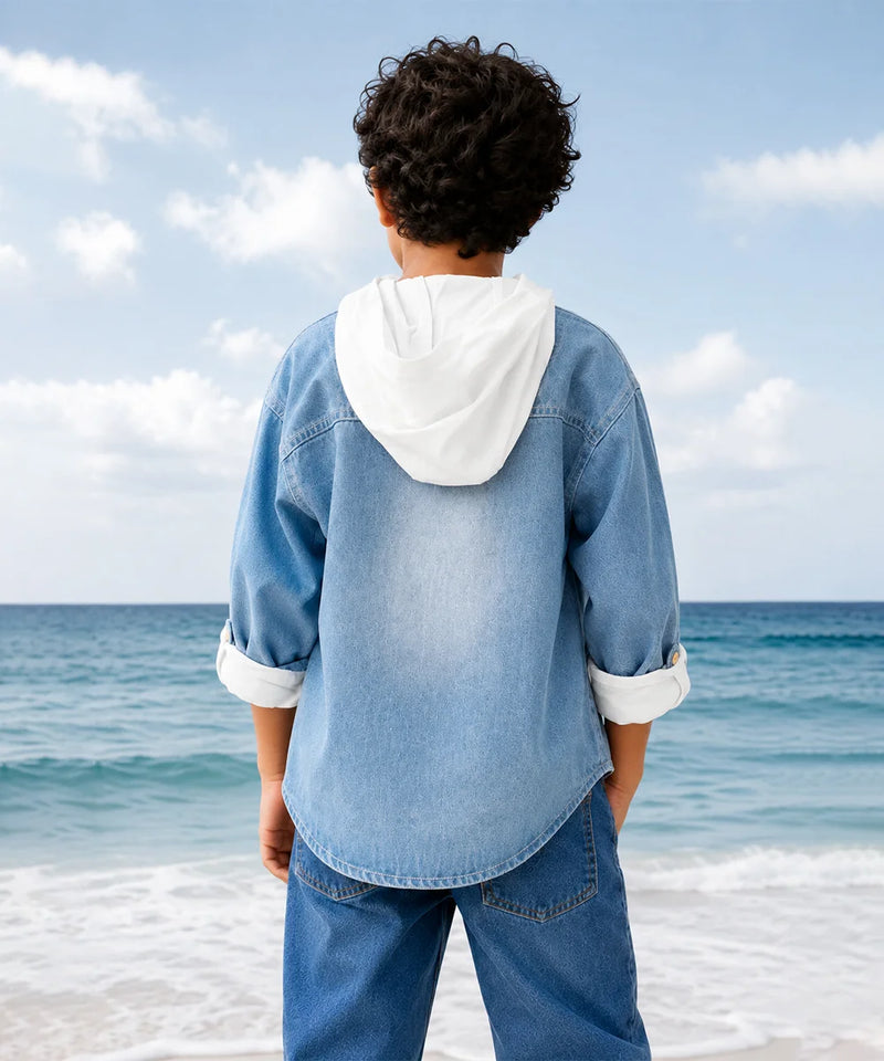 Boys Blue Denim Hoodife Shirt For Wedding