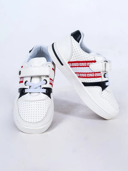 Boys' white designer sneakers with black overlays and red Velcro straps, Jaipur, ages 1–8 years