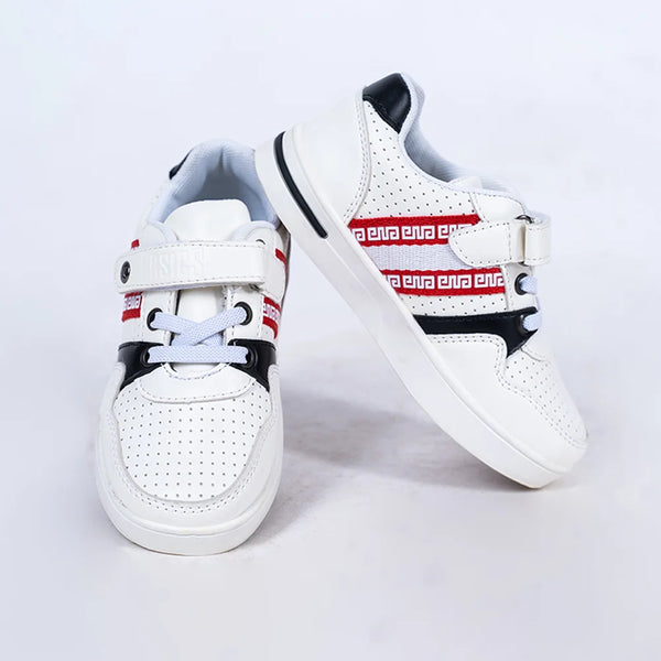 Boys' white designer sneakers with black overlays and red Velcro straps, Jaipur, ages 1–8 years