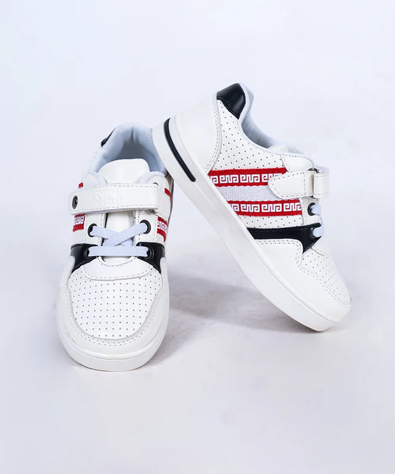 Boys' white designer sneakers with black overlays and red Velcro straps, Jaipur, ages 1–8 years