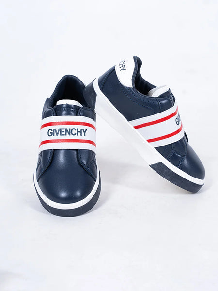 Unisex navy blue slip-on sneakers with white and red logo elastic band, Jaipur, ages 1–8 years