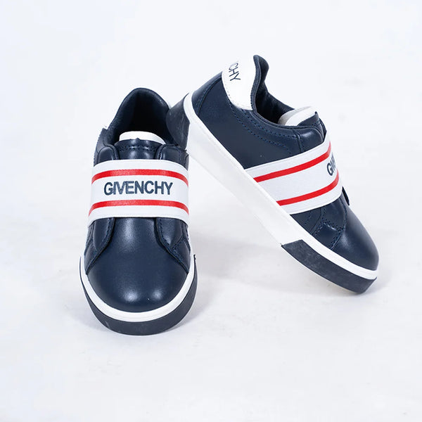 Unisex navy blue slip-on sneakers with white and red logo elastic band, Jaipur, ages 1–8 years