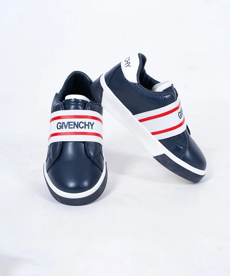 Unisex navy blue slip-on sneakers with white and red logo elastic band, Jaipur, ages 1–8 years