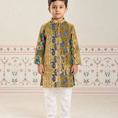 Boys' multicolour velvet flock print kurta pyjama with paisley motifs, party wear by Devils N Angels Jaipur