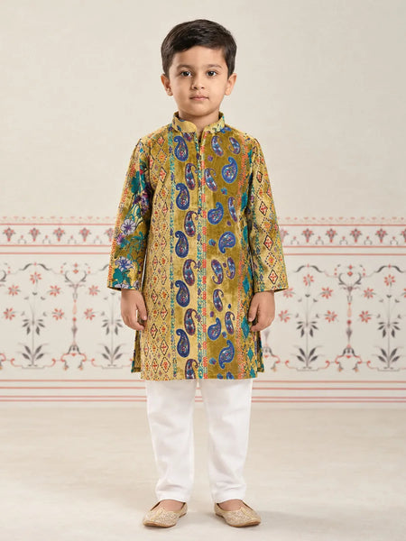 Boys' multicolour velvet flock print kurta pyjama with paisley motifs, party wear by Devils N Angels Jaipur