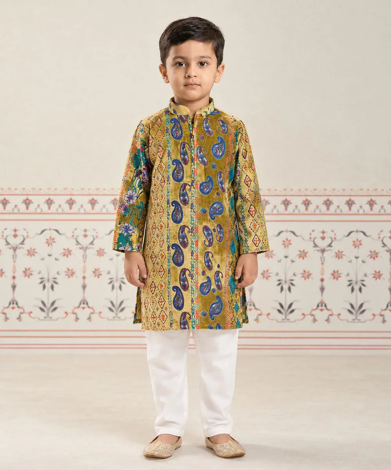 Boys' multicolour velvet flock print kurta pyjama with paisley motifs, party wear by Devils N Angels Jaipur