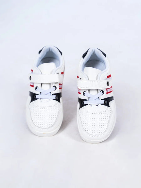 Kids' trendy white and black sneakers for boys featuring double closure and stylish red bands, Jaipur