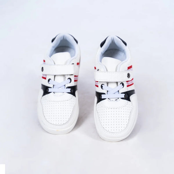 Kids' trendy white and black sneakers for boys featuring double closure and stylish red bands, Jaipur