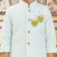 A child wearing a light mint green traditional Indian jacket with gold buttons and embroidered coconut motifs on the chest, paired with matching trousers.