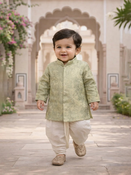 Child wearing a traditional outfit in an outdoor setting with architectural elements.
